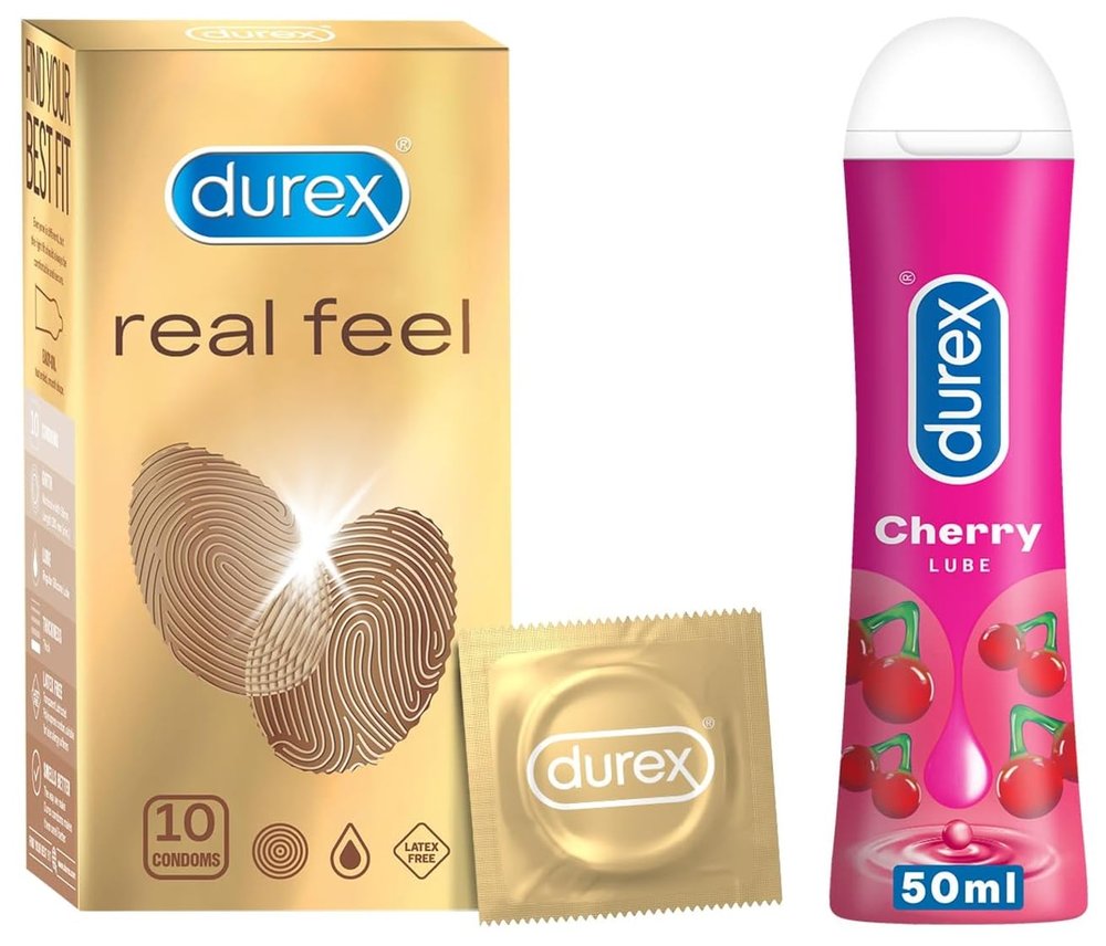 Durex Real Feel Condoms For Men - 10 Count| For Real Skin On Skin Feeling| Latex Free & Play Cherry 50 Ml COMBO