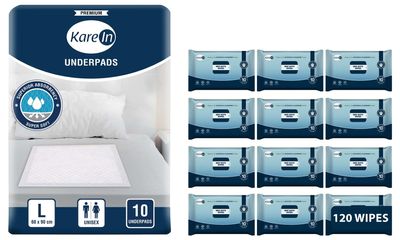 KareIn Bed Bath Wipes, Adult Wet Wipes, 120 Wipes, Pack of 12 & KareIn Premium Underpads, Large 60 x 90 Cm, High Absorbency, Leak Proof, Pack of 1, 10 Count COMBO