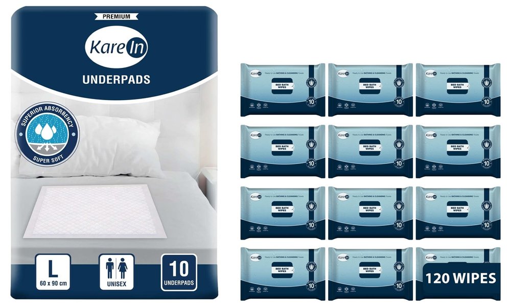 KareIn Bed Bath Wipes, Adult Wet Wipes, 120 Wipes, Pack of 12 & KareIn Premium Underpads, Large 60 x 90 Cm, High Absorbency, Leak Proof, Pack of 1, 10 Count COMBO