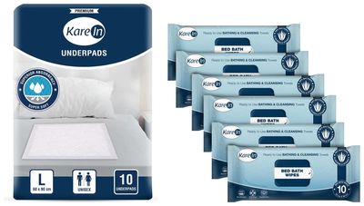 KareIn Bed Bath Wipes, Adult Wet Wipes, 60 Wipes, Pack of 6 & KareIn Premium Underpads, Large 60 x 90 Cm, High Absorbency, Leak Proof, Pack of 1, 10 Count COMBO