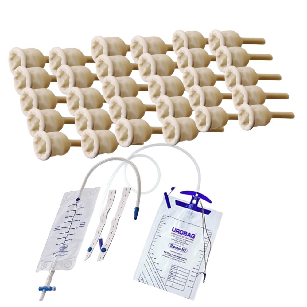30pcs Male Condom Catheter Large Size 30mm, 1 Leg Bag 700ml, 1 Night Bag 2000ml, Latex Male Cath Set