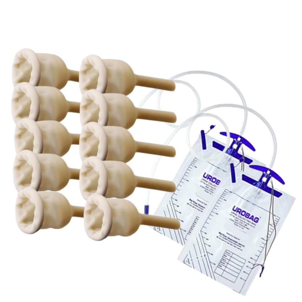 Alpha Basics Latex External Condom Catheter Set, 10 Male Cath (Extra-Large 35mm), Uro Bag 2000ml 2pcs, Beige