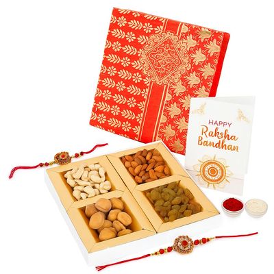 Bay Nut Rakhi Gift Hamper for Brother Includes 2 Rakhi, Roli Chawal, Greeting Card, Dry Fruits / Raksha Bandhan Gift Combo for Bhai Unique Rakhi Return Gift Box/ Almonds, 50gm apricot, Cashew Nuts 50gm, Raisins, -50gm Each | Gifting Collection fo