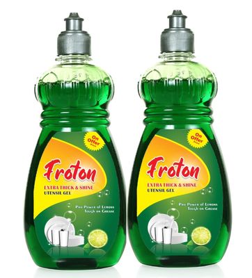 Froton Dishwash Liquid Yellow Lemon Dishwash liquid Gel Non Acidic Safe on Hands Pure Extract of Lemon Leaves No Residue Grease Cleaner For All Utensils (green, 500ml Pack of 2)