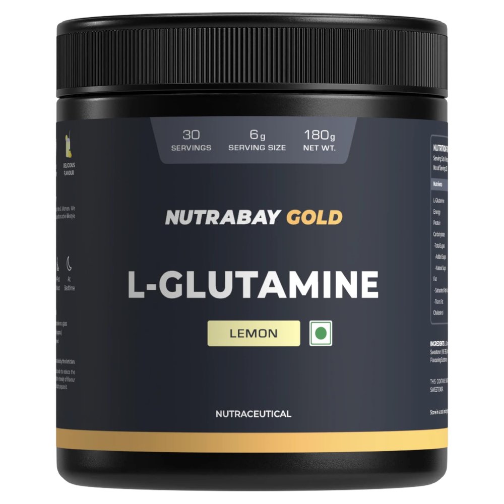 Nutrabay Gold L-Glutamine Supplement Powder 180g, Lemon Flavor Post Workout Amino Acid for Muscle Growth & Recovery | 100% Authentic Supplement | No Banned Substances | Tested for Purity