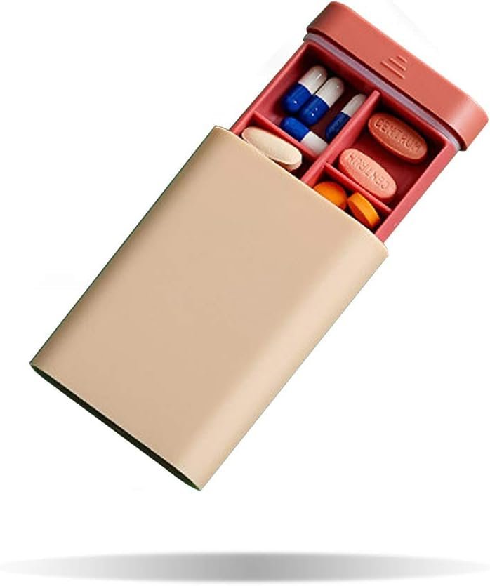 Cannagenix Pills Storage Box Travel Curry - Pill Medicine Organizer Storage Box with 6 Compartments - Ideal for Travel, Pocket, Purse, Daily Pill Case, Portable Medicine Vitamin Holder (Beige)