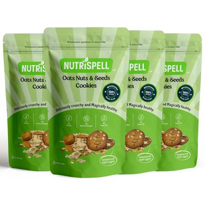 Nutrispell Oats Nuts & Seeds Cookies, Pack of 4, Refined sugar free High Protein Biscuits for kids & family