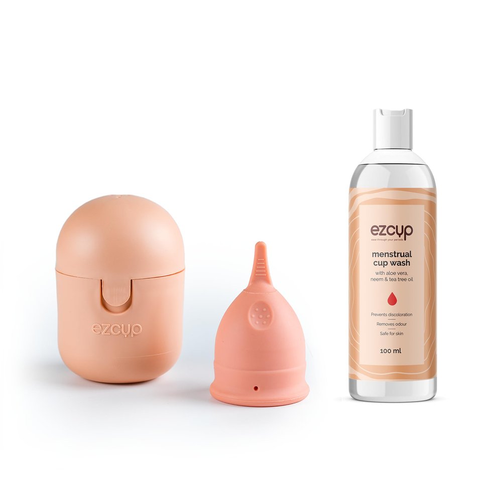 Ezcup Reusable Menstrual Cup for Women with an easy-to-use Portable Sterilising Container,100% Medical Grade Silicone+Menstrual Cup Wash -100 ml with Aloe vera, Neem & Tea tree oil. (REGULAR+WASH)