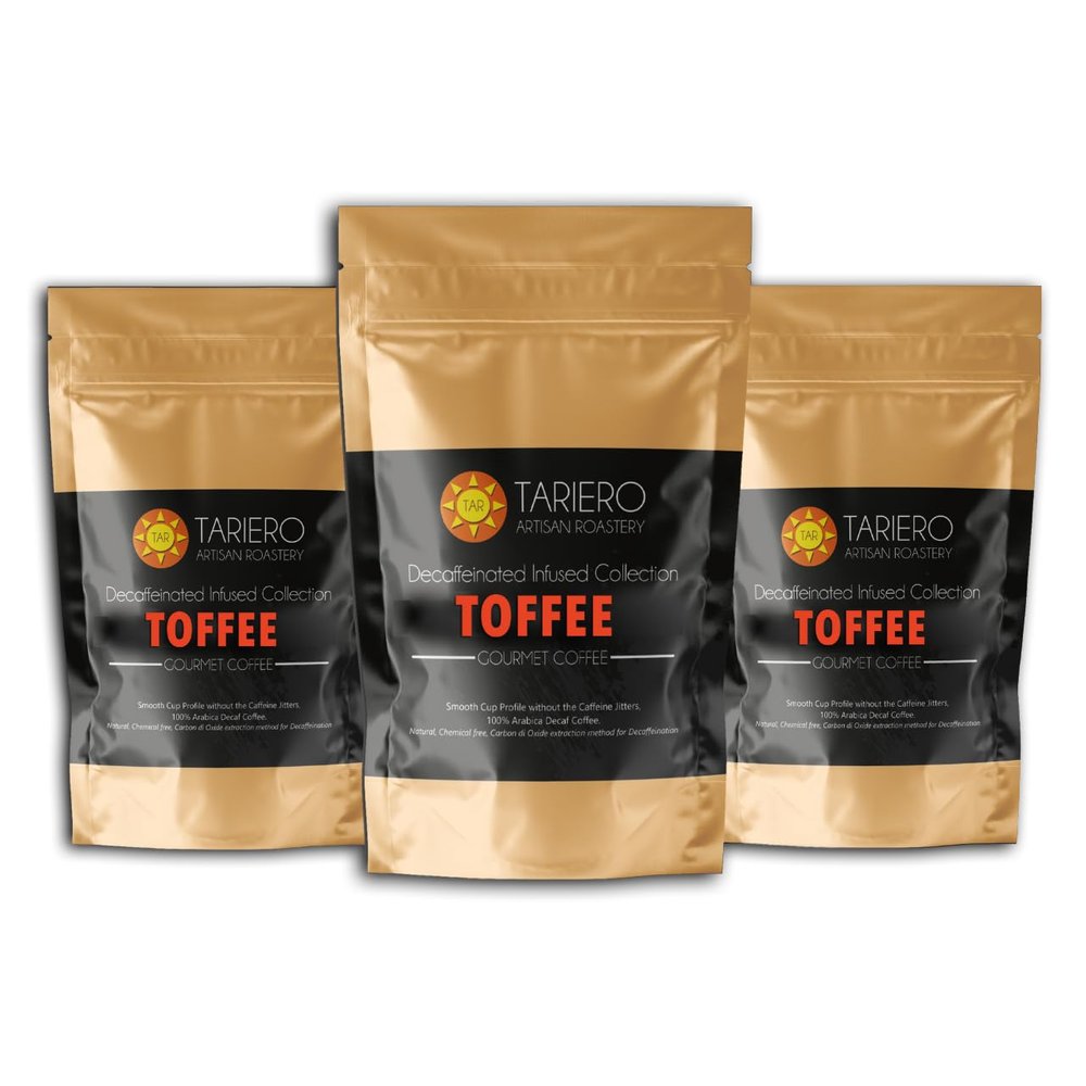 Tariero Lo-Caffeine TOFFEE Flavoured Coffee | 65% DECAFFEINATED | Medium Roast | Medium Grind Pack of 3 100g