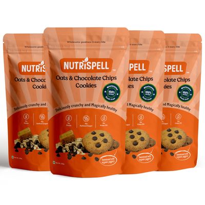 Nutrispell Oats & Chocolate Chips Cookies, Pack of 4, Refined Sugar Free Biscuits for kids and family, 150 * 4 g