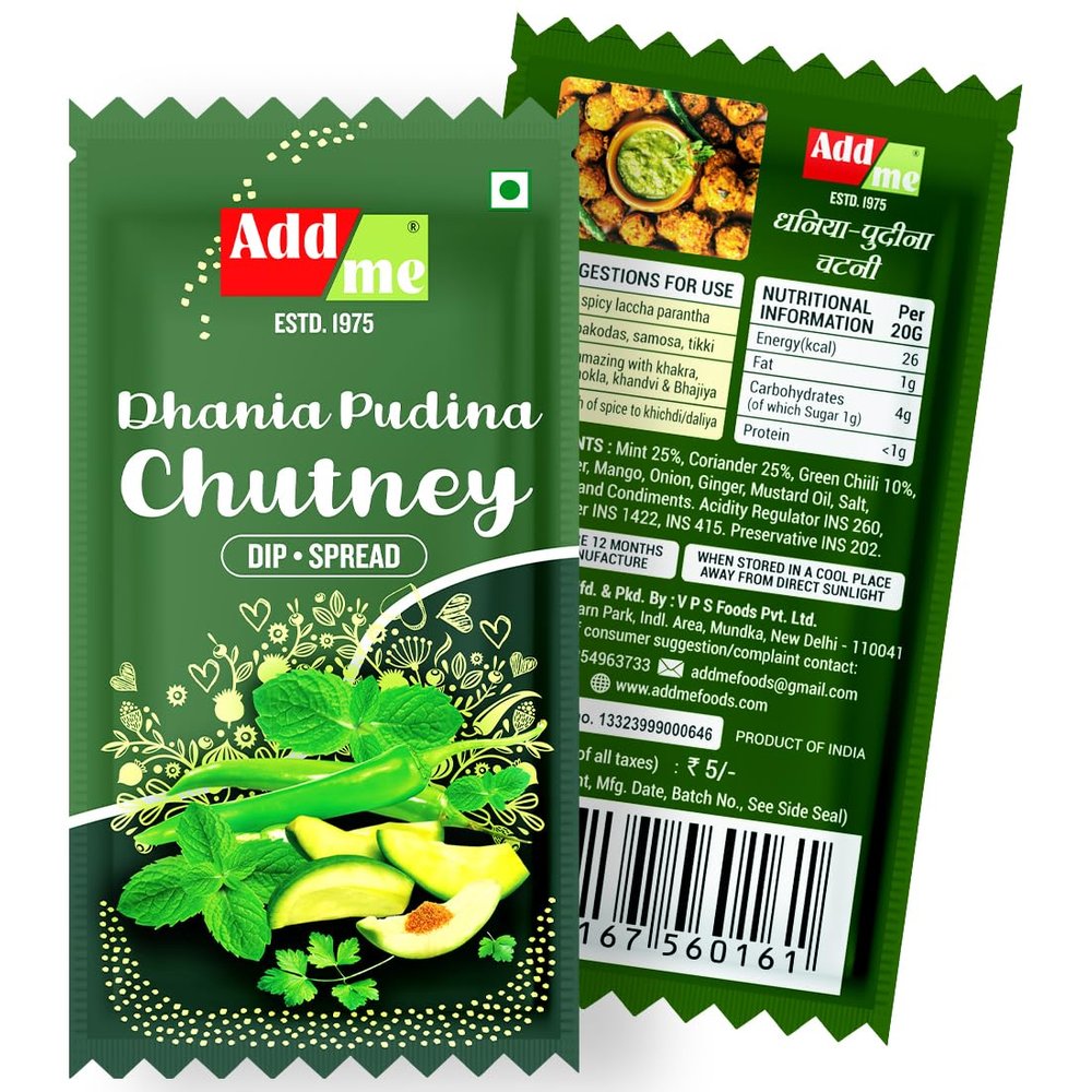 Add me Dhania Pudina chutney 12gm Sachet chotu Pack, green hari chatni for bhel pani puri 48 Sachet 576 Grams Fresh ready to eat