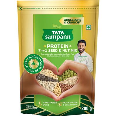 Tata Sampann Protein 7-in-1 Seed & Nut Mix | Power Packed & Crunchy Snack | Trail Mix | Rich in Protein & Dietary Fibre | Rich in Magnesium & Phosphorus | 200g | Roasted Pumpkin, Watermelon, Sunflower, Flax, Chia, Sesame Seeds & Soya Nuts