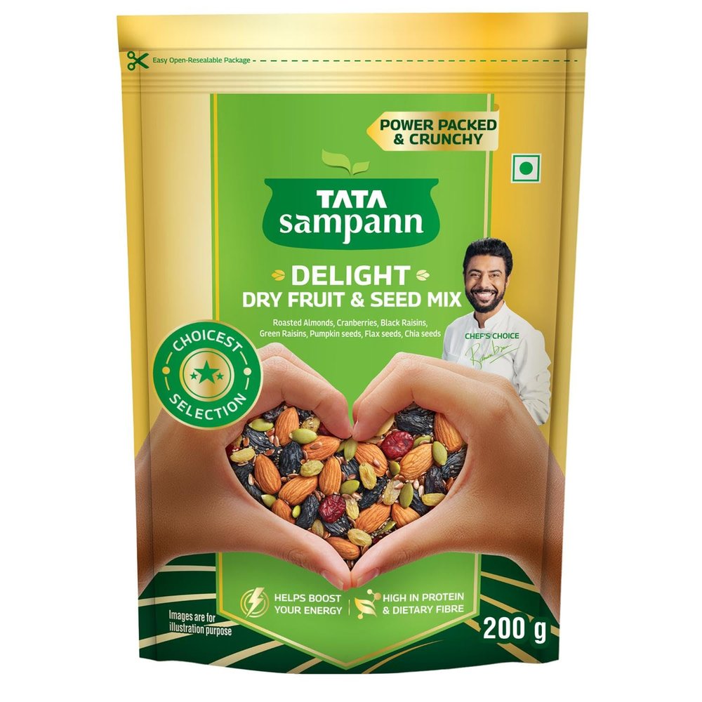 Tata Sampann Delight Dry Fruit & Seed Mix | Power Packed & Crunchy Snack | Trail Mix | High in Protein & Dietary Fibre | Rich in Magnesium | Source of Phosphorus | 200g | Roasted Almonds, Cranberries, Black Raisins, Green Raisins, Pumpkin Seeds, Flax