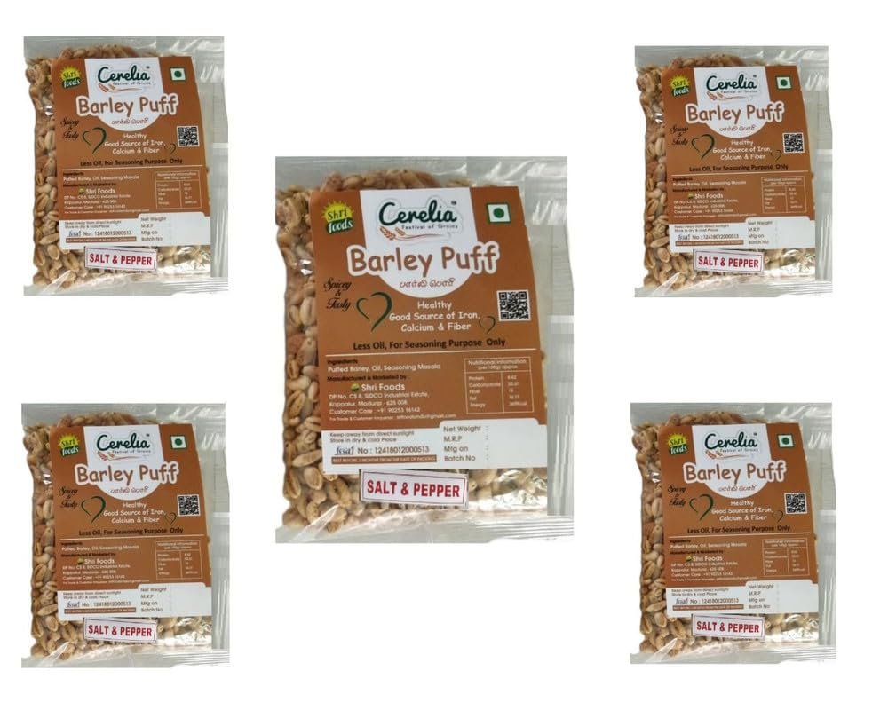 CERELIA Festival of Grains Shri foods - Barley Puff Salt & pepper -Whole Grain, High in Protein, Lightly Salted, Oil Free - 45 Gram (pack of 5)
