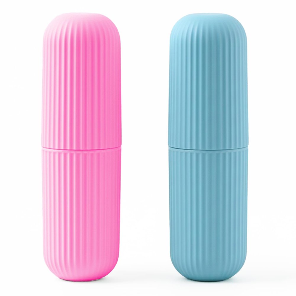 XML Toothbrush Case Cover Holder Portable Toothbrush Storage Box Container Plastic Toothbrush Holder Capsule Shape Travel Bathroom Organizer Accessories Set(Pink-Blue) (Pack of- 2)