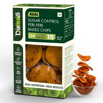 Diahealth Diabetic Care Peri-Peri Baked Chips, 200 Gms X Pack Of 2, Low Glycemix Index (15) & High Protein/Serv, Taste Just Like Regular Chips, Low Carb, Pre-Biotic High Fibre, For Diabetics And Diet