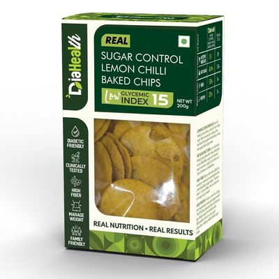 Diahealth Diabetic Care Lemon Chilli Baked Chips, 200 Gms, 1 Pack, Low Glycemix Index (15) & High Protein/Serv, Taste Just Like Regular Chips, Low Carb, Pre-Biotic High Fibre, For Diabetics And Diet
