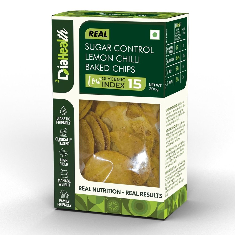 Diahealth Diabetic Care Lemon Chilli Baked Chips, 200 Gms, 1 Pack, Low Glycemix Index (15) & High Protein/Serv, Taste Just Like Regular Chips, Low Carb, Pre-Biotic High Fibre, For Diabetics And Diet