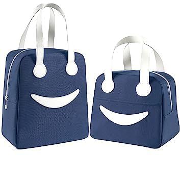 Keetly Insulated Canvas Smiley Lunch Bags with Aluminum Lining | Lunch Bag for School Office Travel Tiffin Thermal Food Cooler Bags Picnic for Kids Men Women | Leakproof Hot Cold (Navy Blue)