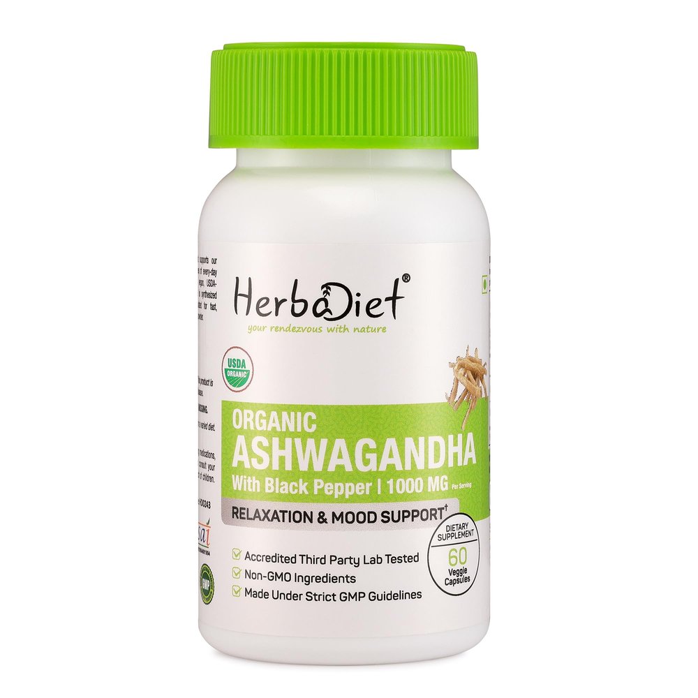 Organic Ashwagandha Root Powder 60 Capsules | 100% Certified Withania Somnifera | Active Withanolides, Adaptogenic Herbal Supplement