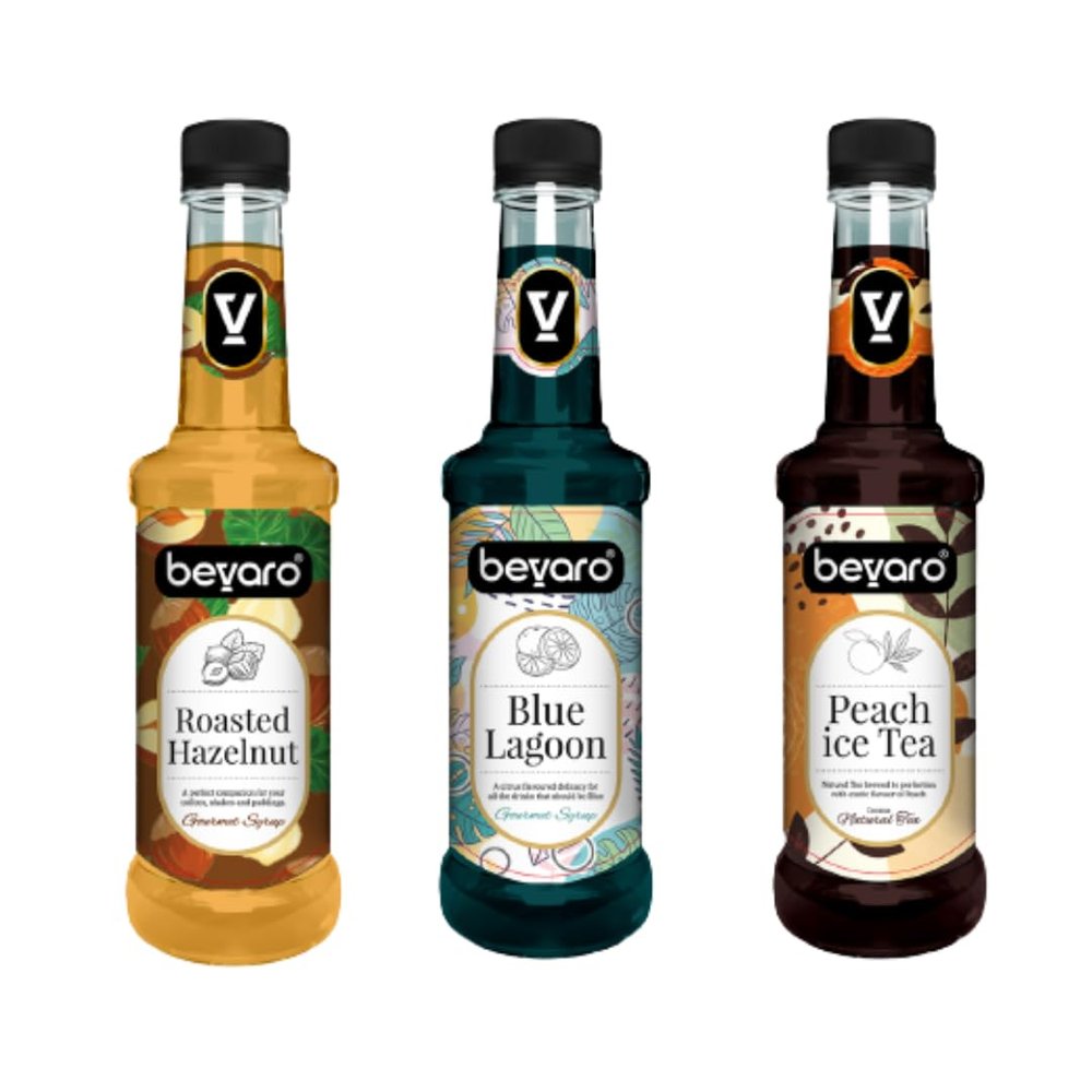 Bevaro Blue Lagoon, Roasted Hazelnut & Peach Ice Tea Syrup Combo | Pack of 3 (300 ml Each) | Flavoured Gourmet Syrups for Mocktails, Cocktails, Juices & Drinks | Premium Drink Mixers