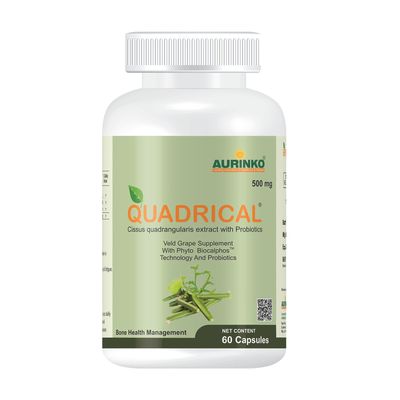 Quadrical - Cissus quadrangularis 250 mg with Probiotics, Lactobacillus bulgaricus and streptococcus thermophilus, fortified with FOS by Aurinko Healthcare. 60 Capsules