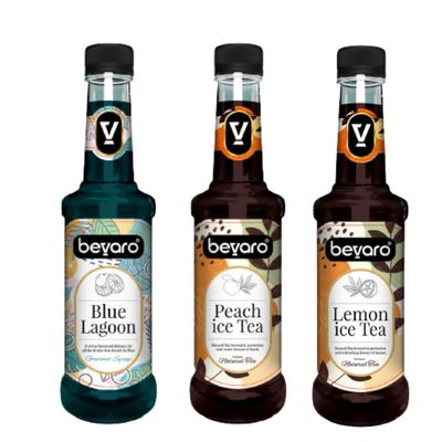 Bevaro Blue Lagoon, Peach Ice Tea and Lemon Ice Tea Syrup| Syrups for drinks| Mocktails Syrup Combo| Flavoured Gourmet Syrup| juices and drinks |Cocktail Mixer (300 ml, Pack of 3)