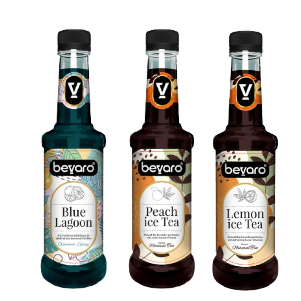 Bevaro Blue Lagoon, Peach Ice Tea and Lemon Ice Tea Syrup| Syrups for drinks| Mocktails Syrup Combo| Flavoured Gourmet Syrup| juices and drinks |Cocktail Mixer (300 ml, Pack of 3)