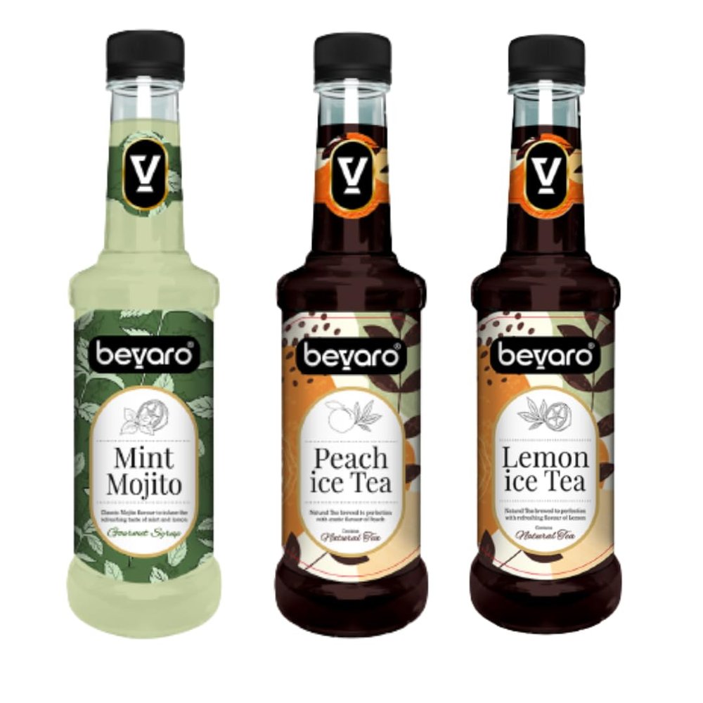 Bevaro Mint Mojito, Peach Ice Tea and Lemon Ice Tea Syrup| Syrups for drinks| Mocktails Syrup Combo| Flavoured Gourmet Syrup| juices and drinks |Cocktail Mixer (300 ml, Pack of 3)