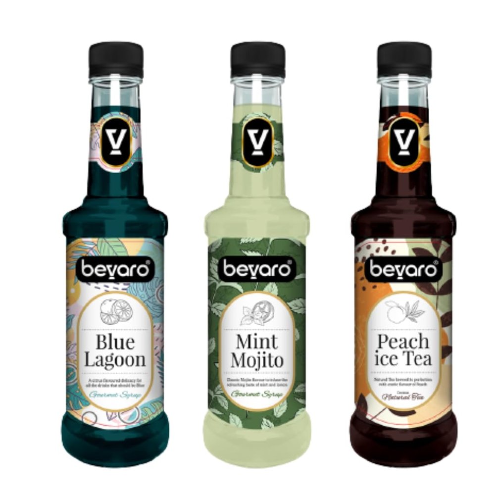 Bevaro Blue Lagoon, Mint Mojito & Peach Ice Tea Syrup Combo - 300ML Each (Pack Of 3)| Flavoured Gourmet Syrups for Cocktails, Mocktails, Juices & Beverages | Drink Mixers for Parties & Home Use