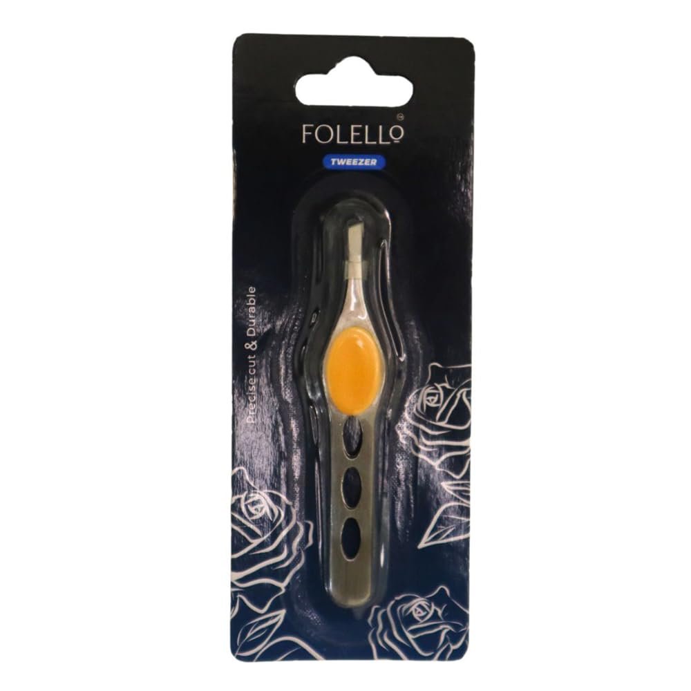 FOLELLO Square Tip Tweezer/Plucker with Rubber Grip, Suitable for Eyebrows, Upper Lips & Small hairs (Golden), Precision Tweezers for Home & Professional Use, Unisex Hair Plucker for Facial Hair