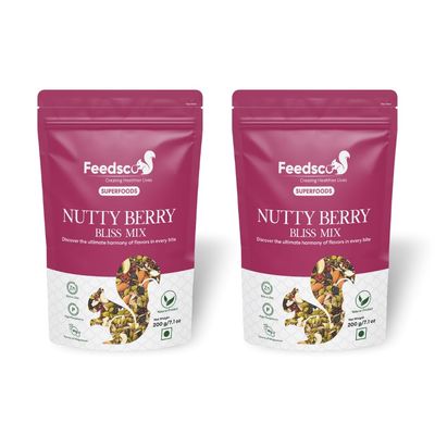 Feedsco Nutty Berry Bliss Mix - Mixed Nuts, Seeds, and Berries - 200g Pack of 2 | Assorted Dry Fruit Mix | Healthy Trail Snack | Immunity Booster