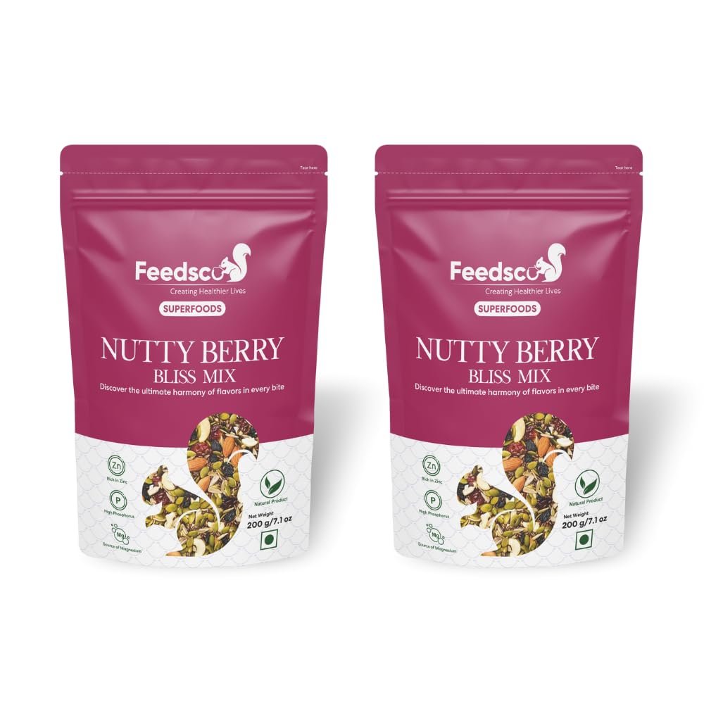 Feedsco Nutty Berry Bliss Mix - Mixed Nuts, Seeds, and Berries - 200g Pack of 2 | Assorted Dry Fruit Mix | Healthy Trail Snack | Immunity Booster