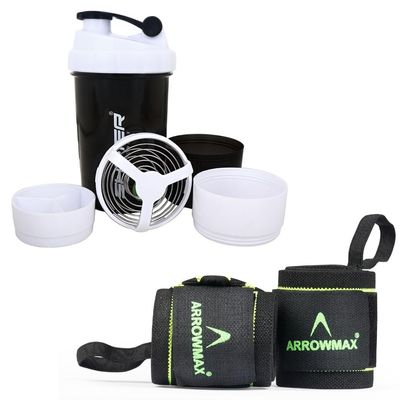 ArrowMax Protein Fitness Combo Gym Shaker Bottle With Wrist Band Support Gym & Sports Kit l Weightlifting l Powerlifting l Wrist Wrap l Gym Shaker l Shaker Bottle l Gym Bottle (500 ML)