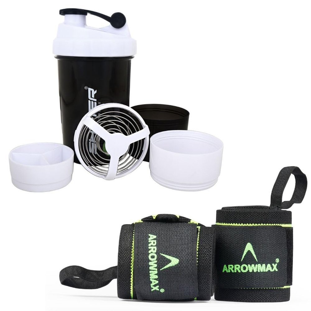 ArrowMax Protein Fitness Combo Gym Shaker Bottle With Wrist Band Support Gym & Sports Kit l Weightlifting l Powerlifting l Wrist Wrap l Gym Shaker l Shaker Bottle l Gym Bottle (500 ML)