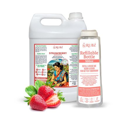 Rubz Strawberry Bliss Body Massage Oil | Moisturizing & Fast-Absorbing Oil | Full-Body Care & Aromatic Stress Relief | 5 Litre With 500 ml Refillable Bottle