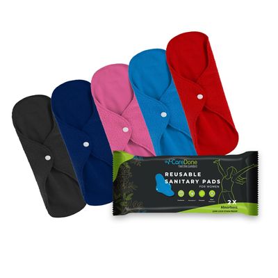 CareDone Soft And Absorbent Reusable Cloth Period Pads For Heavy Flow Leak-Proof Overnight Protects, Multicolor Cloth Pads Set With Wings For Women, Washable Overnight Cloth Period Pads. (Pack Of 5)