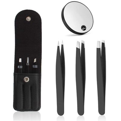 3Pcs Eyebrow Tweezers & 10x Magnification Mirror Set - Professional Stainless Steel Precision Plucking Tweezer for Eyebrows,Ingrown Hair,Facial Hair Remover,Beauty Tool for Women Men