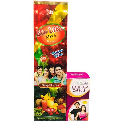 Ayurvedic Health-Aim Capsule & Bio Vita Maxx Tonic | For General Weakness | Immunity Boosts | 50caps + 450ml | Combo Pack