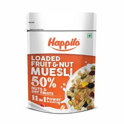 Happilo Loaded Fruit & Nuts Muesli 400g, Healthy Food for Breakfast, 50% Dried Fruits & Nuts, 4 Whole Grains, Prebiotics Fiber, Naturally Cholesterol Free, No Added Sugar