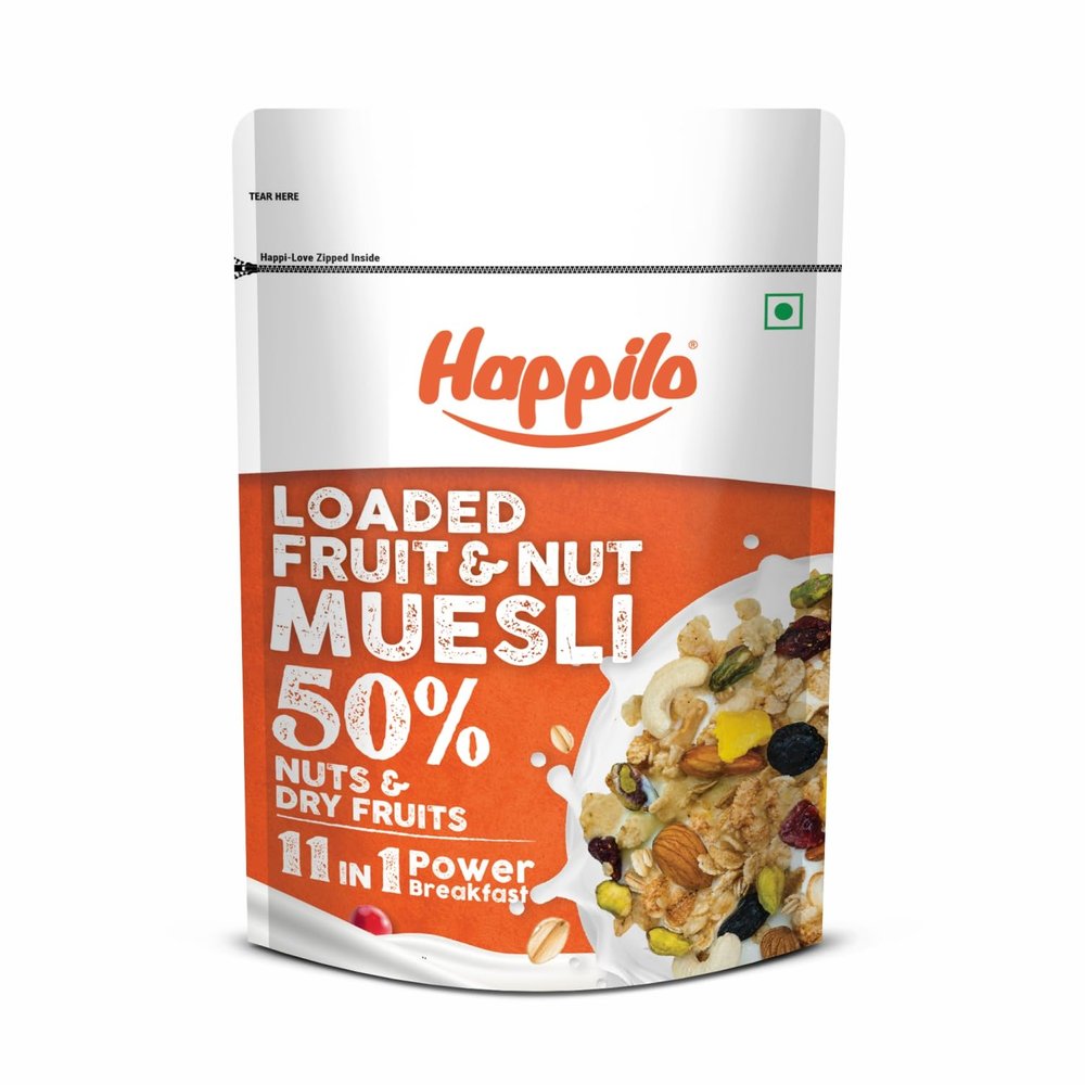 Happilo Loaded Fruit & Nuts Muesli 400g, Healthy Food for Breakfast, 50% Dried Fruits & Nuts, 4 Whole Grains, Prebiotics Fiber, Naturally Cholesterol Free, No Added Sugar