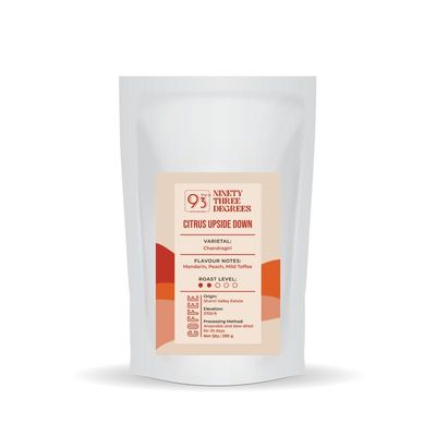 93 Degrees Coffee Roasters- Citrus Upside Down Coffee/Medium Light Roast Coffee/Flavour Notes: Mandarin, Peach, Mild Toffee - (Turkish, 250g)