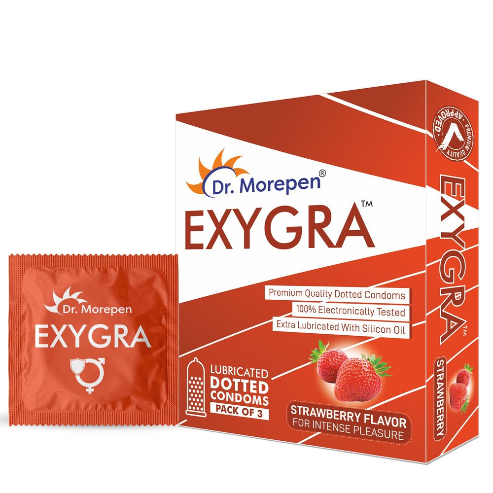 Dr. Morepen Exygra Condoms- Ultra-thin, Lubricated, Extra Dotted, Strawberry Flavour 30 count