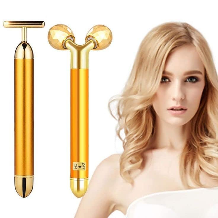 R A Products 24k Gold Energy Beauty Bar Electric Vibration Facial Massage V shape Roller Waterproof Face Skin Care T-Shaped Anti Wrinkle Massager for Forehead Cheek Neck Clavicle Arm (Gold Colour)