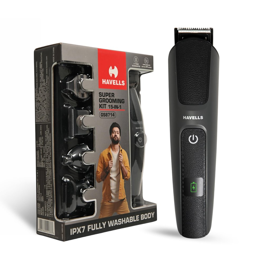 Havells Super Grooming Kit Gs8714,15 In 1,Ipx7 Fully Washable,Full Body Hair Trimmer Groomer For Men,120 Min Of Run Time With Fast Charge,Corded Electric