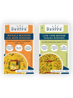 BEVIVE Khichdi Mix combo | 2 Pack of Ready to Cook Green Moong Khichdi & Masala Masoor Rice Khichdi total 8 Pouches each of 80g