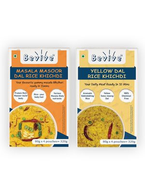 BEVIVE Khichdi Mix combo | 2 Pack of Ready to Cook YellowDal Khichdi & Masala Masoor Rice Khichdi total 8 Pouches each of 80g
