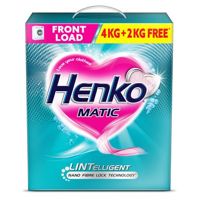 Henko Matic Front Load Detergent Powder 4KG + 2KG | Lintelligent Nano Fibre Lock Technology, Removes Toughest Stains From Your Clothes, Locking Fibres & Color Intact