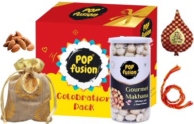 Popfusion Bhai Dooj Gift Pack Roasted Salt & Pepper Makhana & Almond Badam Potli 100g with Bhai Dooj Silk Thread, Roli, Chawal, Chandan, Mishri in a Special Pack with Roli Chawal Chandan for brother