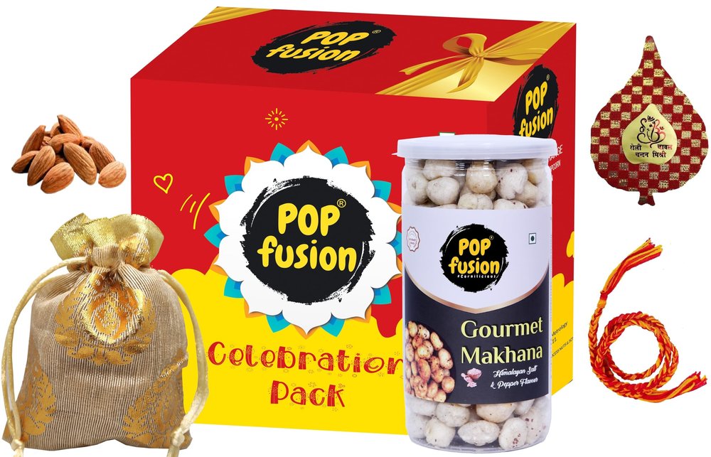 Popfusion Bhai Dooj Gift Pack Roasted Salt & Pepper Makhana & Almond Badam Potli 100g with Bhai Dooj Silk Thread, Roli, Chawal, Chandan, Mishri in a Special Pack with Roli Chawal Chandan for brother